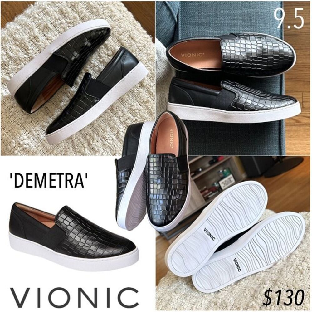 Vionic Demetra Black Croc Embossed Leather Slip On Sneaker Arch Support 9.5